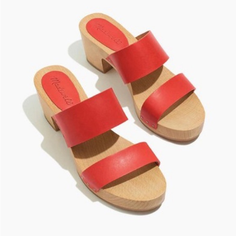 Madewell The Clara Clog Sandals Red Double-Strap Wood Block Heel Mules 9
